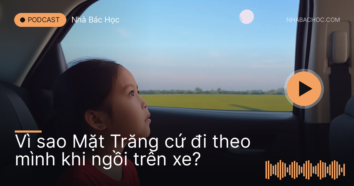 Bé gái ngồi ghế sau ô tô nhìn qua cửa kính lên Mặt Trăng ban chiều