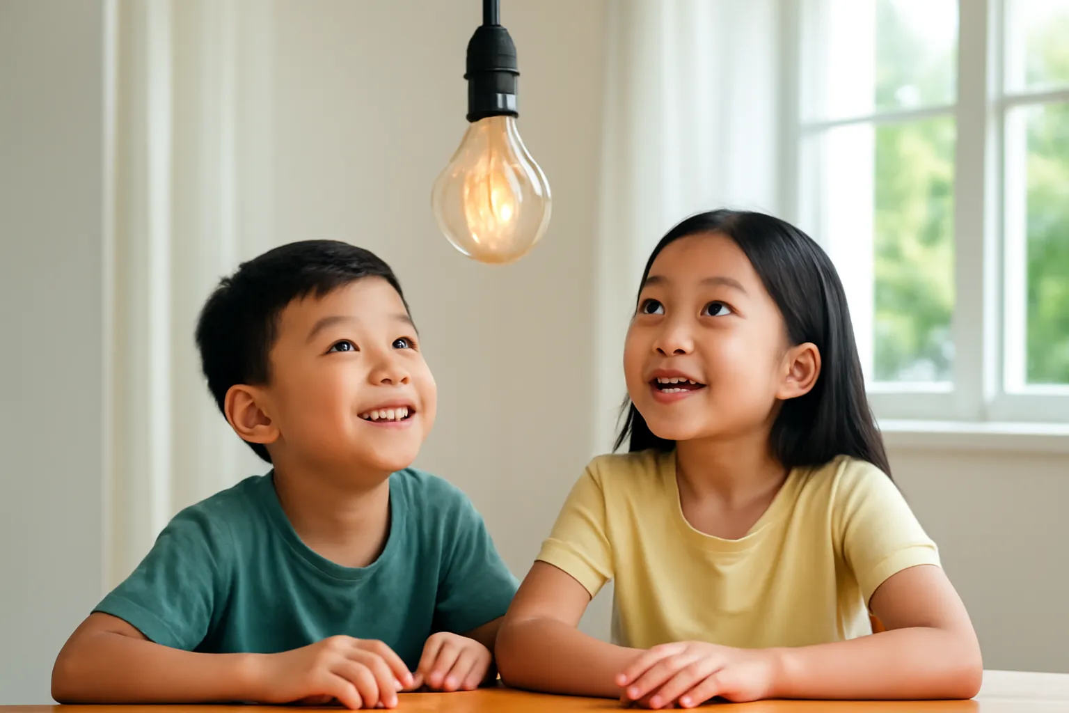 Bóng đèn sợi đốt sáng ấm treo trên bàn, hai anh em ngước nhìn