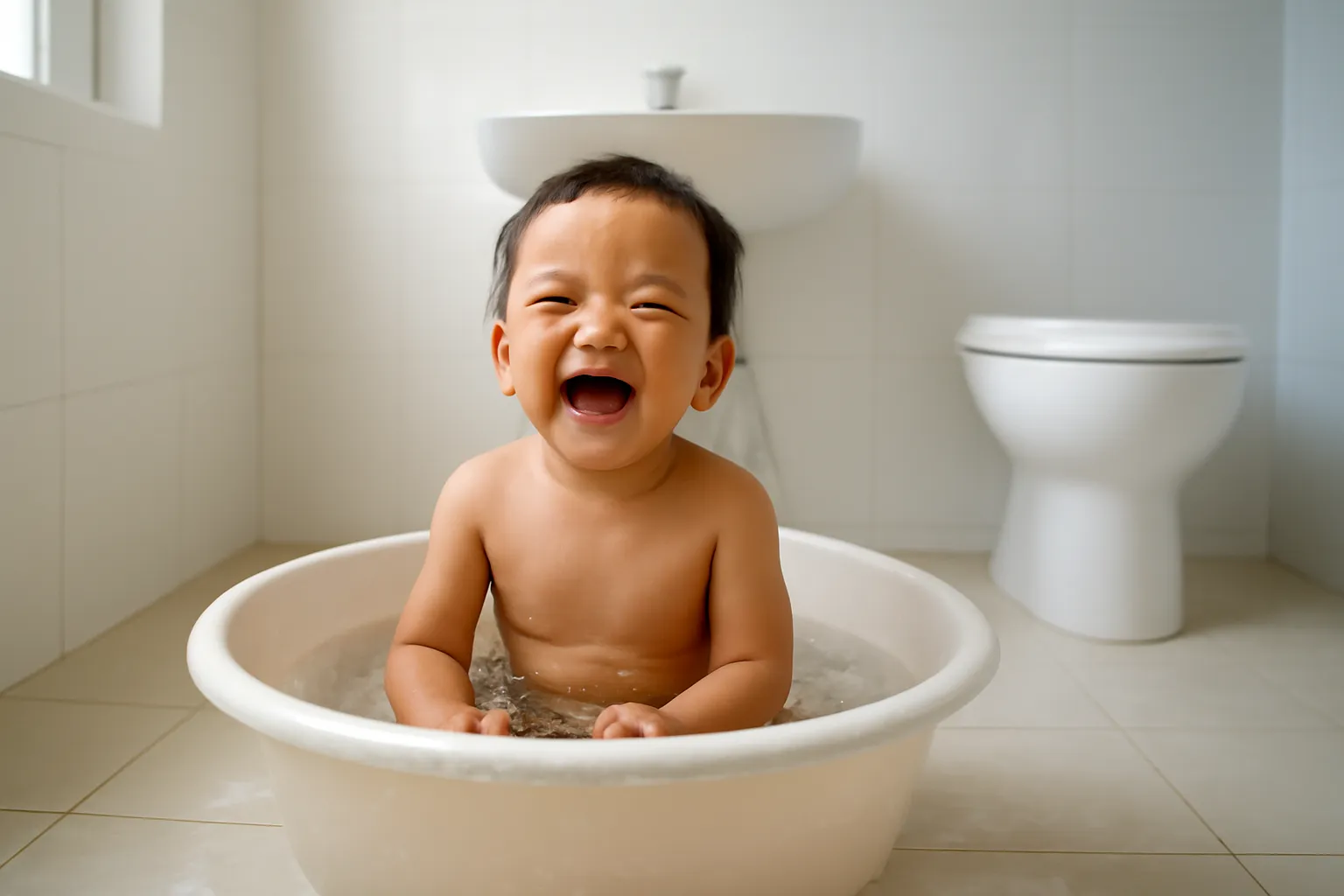 Bé trai ngồi trong chậu tắm nhựa nước dâng tràn mép, cười lớn