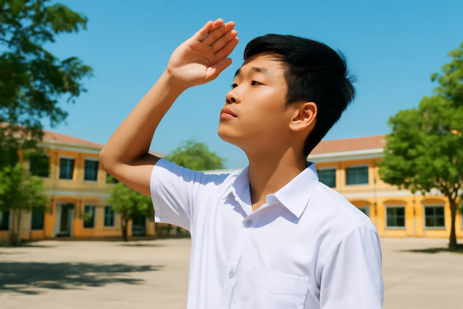 Cậu bé đứng giữa sân trường lấy tay che nắng ngước nhìn trời xanh