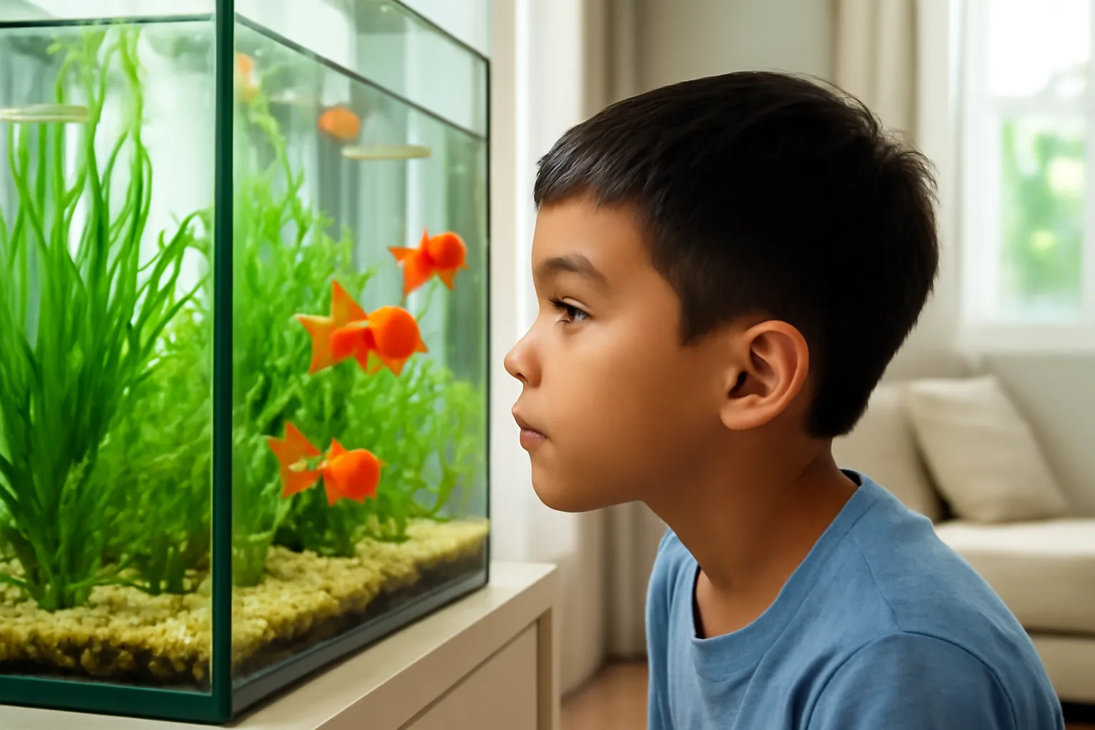 Bé trai áp mặt vào bể cá cảnh nhìn cá vàng bơi