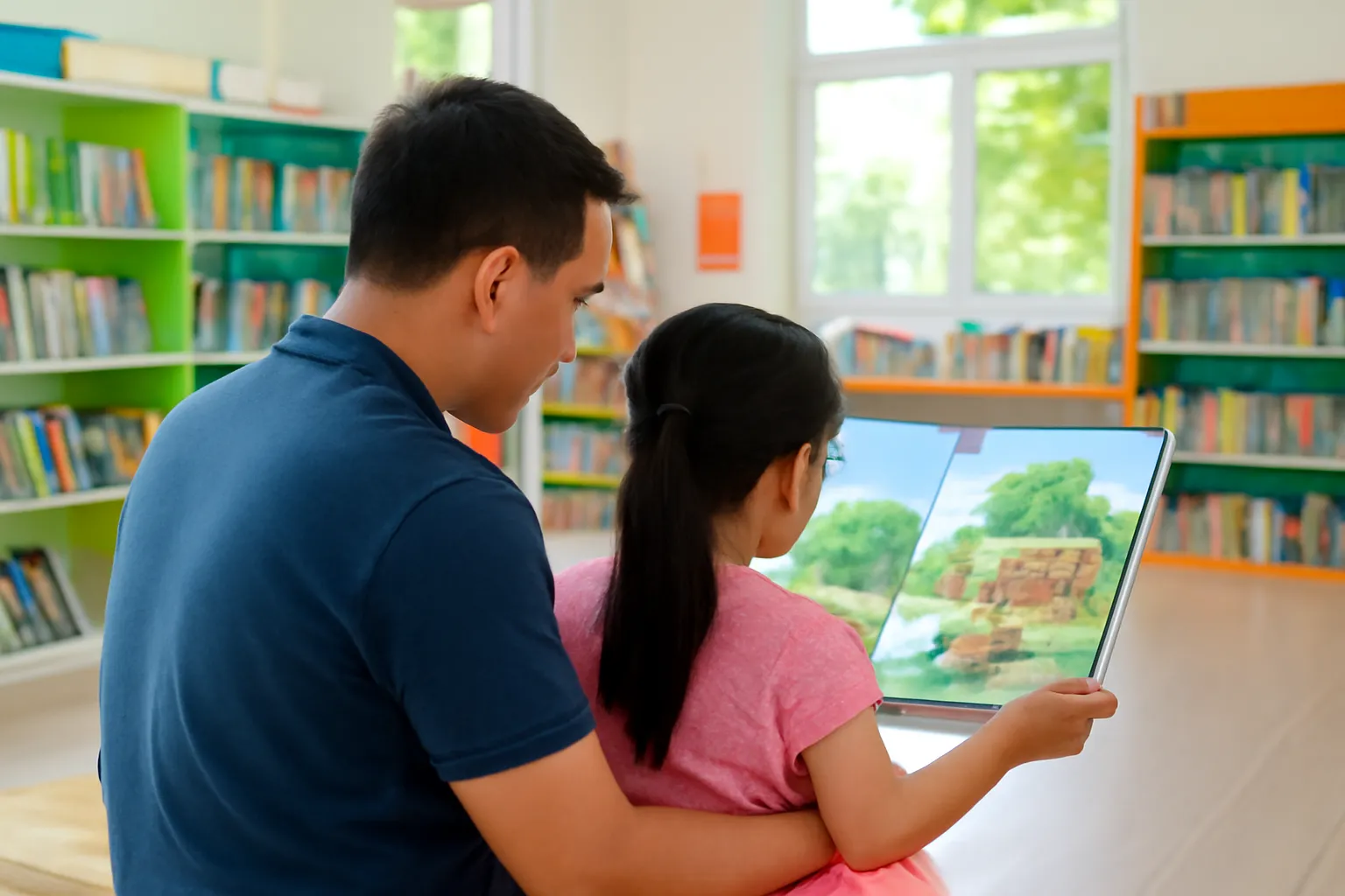 Bố và con gái cùng tra cuốn sách tranh lớn trong thư viện thiếu nhi