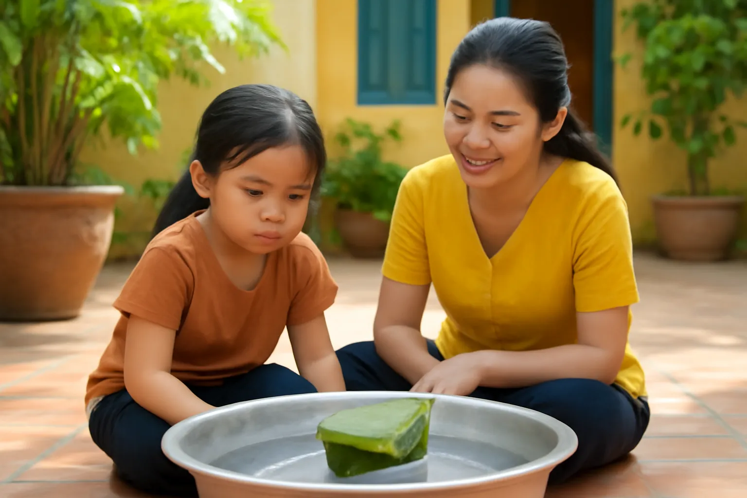 Bé gái nhìn chiếc thuyền lá chuối vừa chìm trong chậu nước, mẹ ngồi cạnh mỉm cười