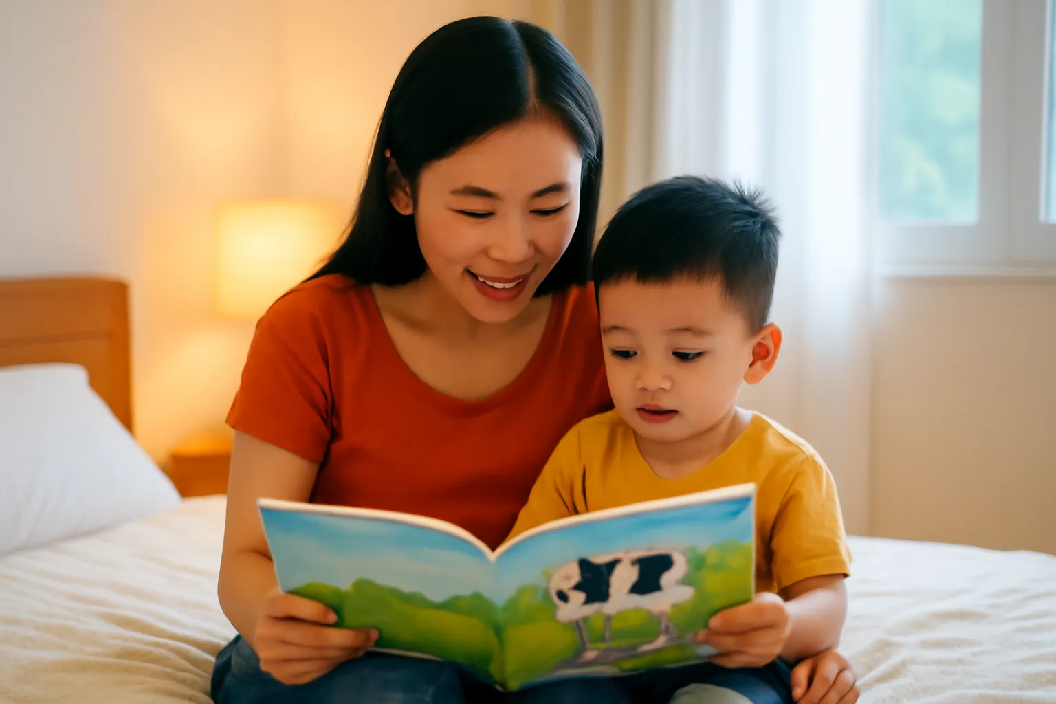 Mẹ đọc truyện cho con trên giường, trang sách có tranh con bò sữa mờ