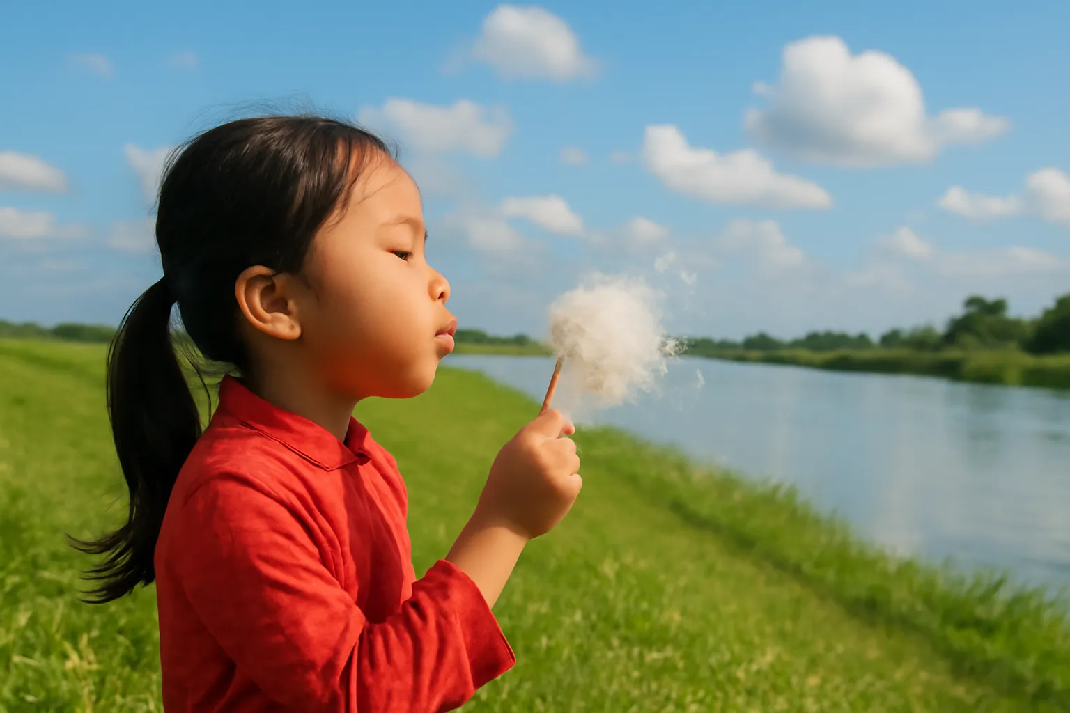Bé gái thổi chùm bông gòn trắng bay trong gió bên bờ đê