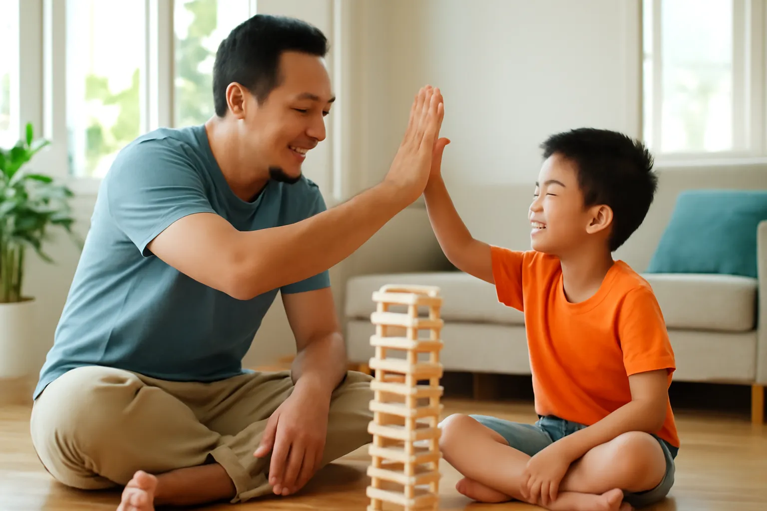 Bố ngồi cạnh con trai lắp tháp que kem trên sàn gỗ, hai bố con đập tay