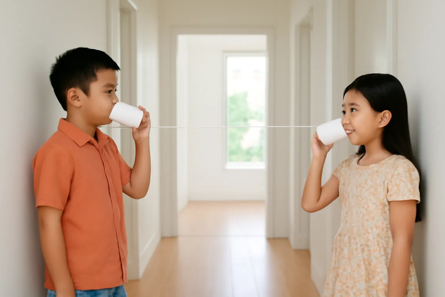 Hai anh em ở hai đầu hành lang cầm cốc giấy nối dây căng