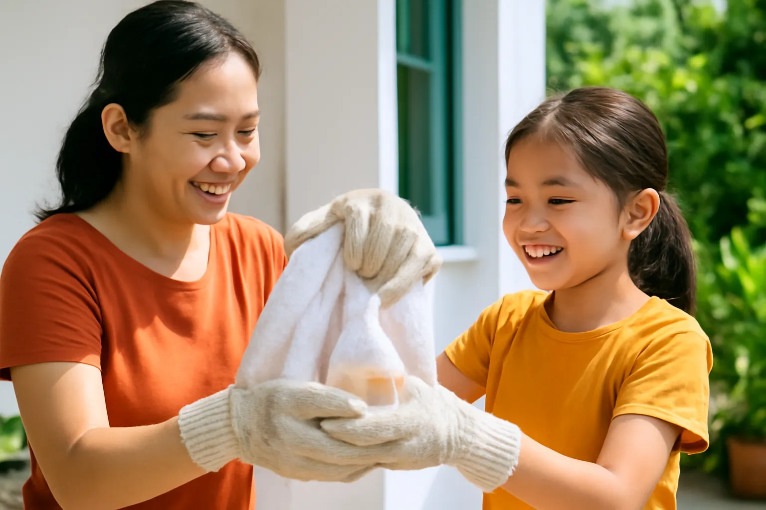 Hai mẹ con đeo găng lắc túi đá lạnh bọc khăn trên hiên nhà