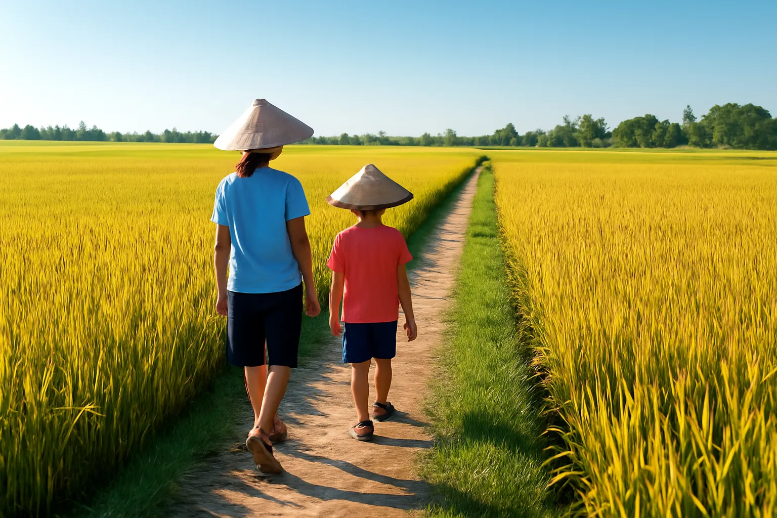 Hai chị em đội nón lá đi trên bờ ruộng lúa chín buổi sáng