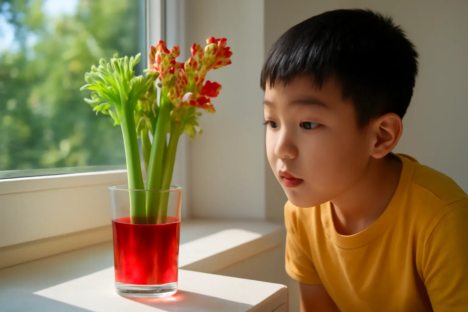 Cọng cần tây cắm trong cốc nước màu đỏ trên bậu cửa sổ, cậu bé nhìn