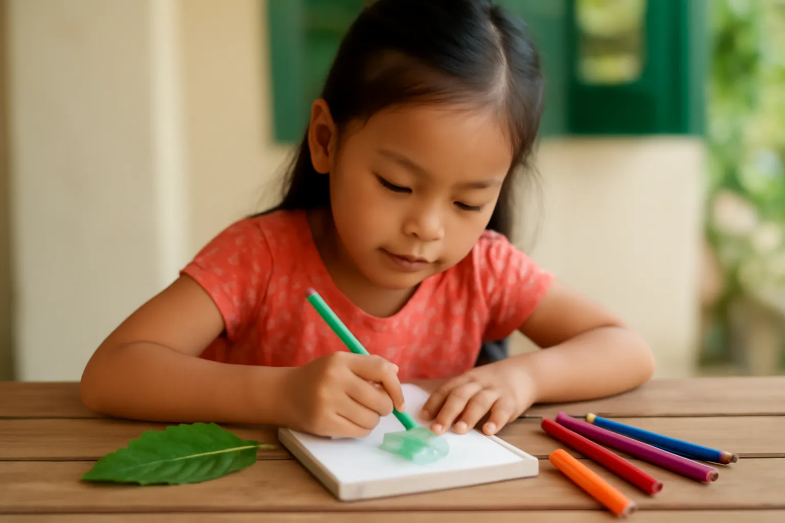 Bé gái vẽ chiếc lá vào cuốn sổ nhỏ trên bàn ngoài hiên, bút màu rải quanh