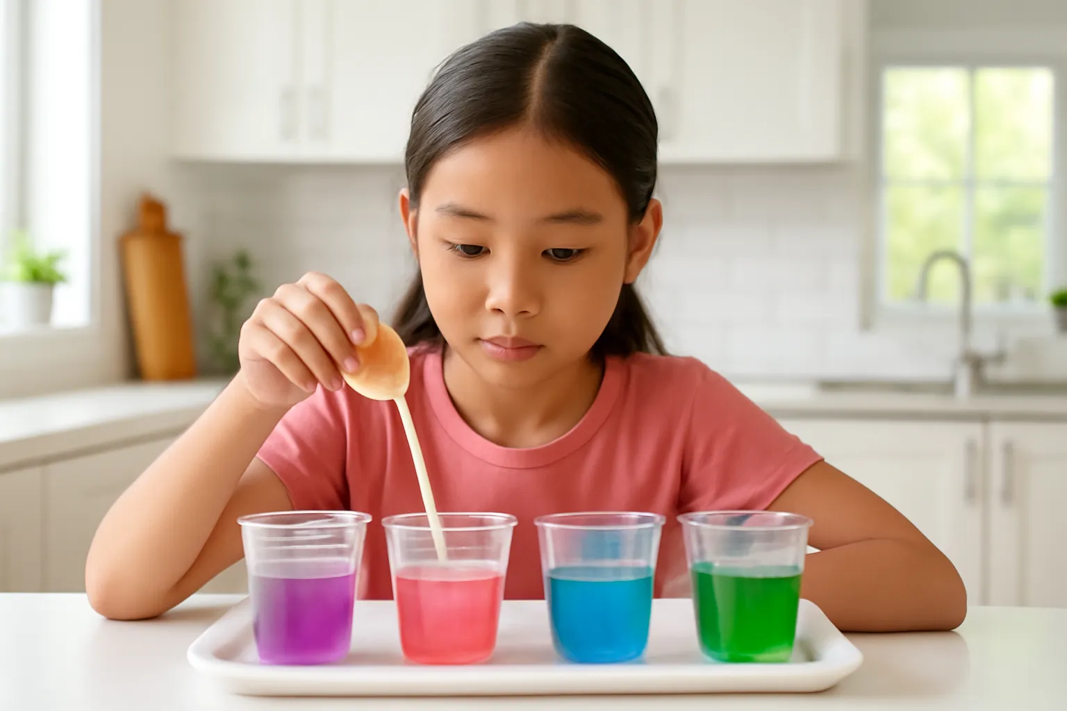 Dãy cốc nước màu tím, hồng, xanh trên khay trắng, bé gái nhỏ giọt bằng ống hút
