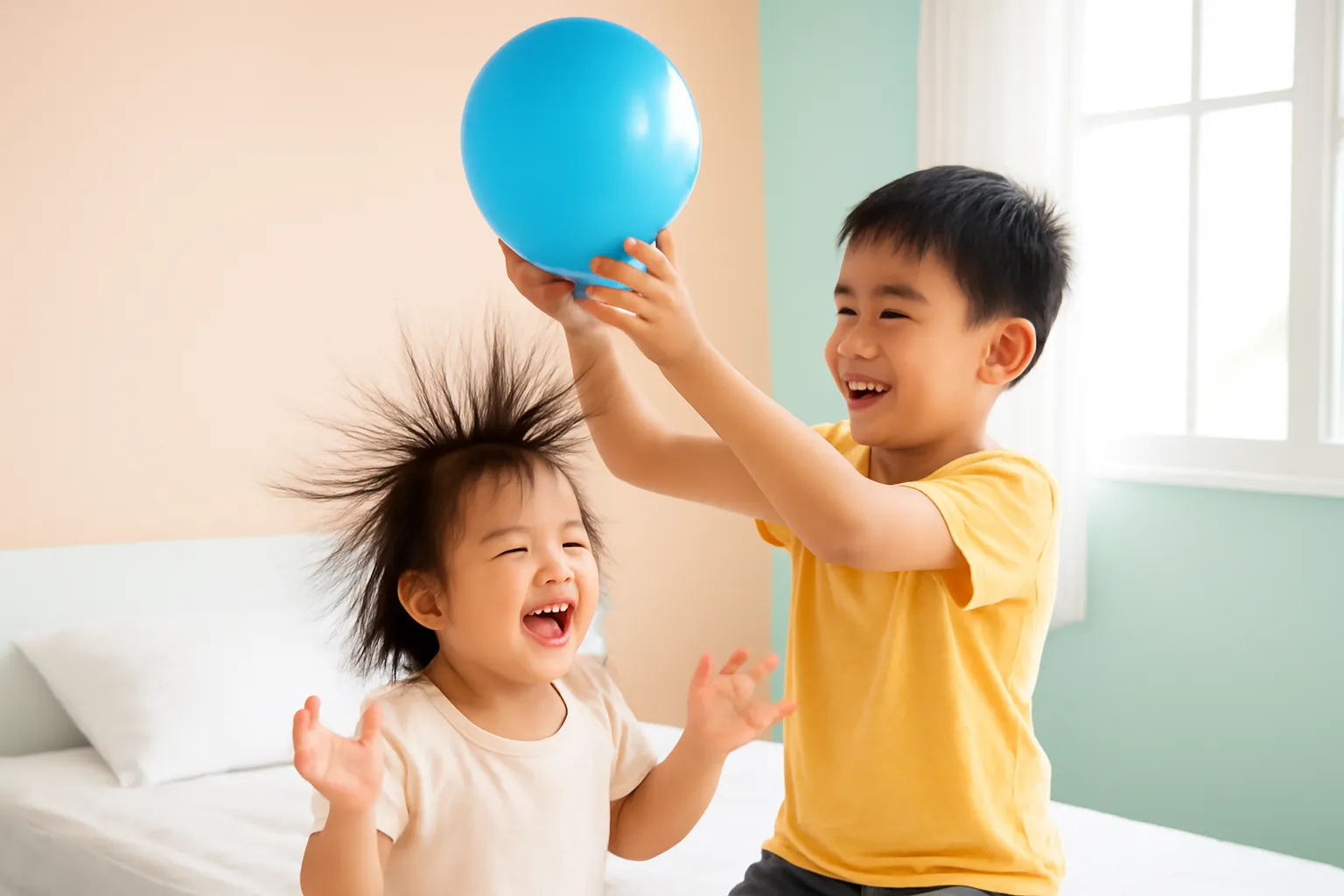 Bé gái tóc dựng lên theo quả bóng bay xanh, anh trai đứng cạnh cười