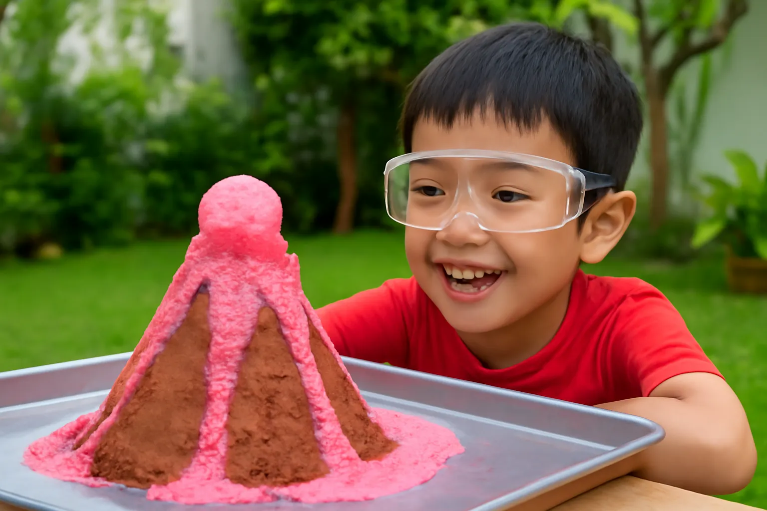 Ngọn núi đất nặn trên khay sủi bọt hồng, bé đeo kính bảo hộ đứng xem