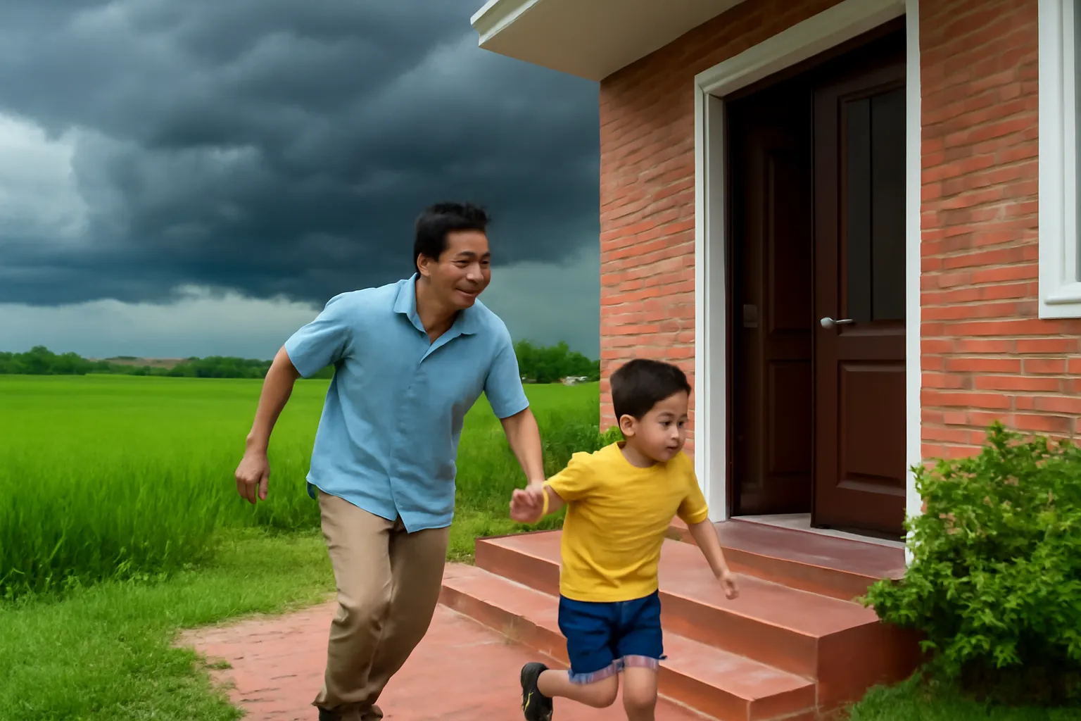 Bố dắt con chạy vào hiên nhà khi mây đen kéo tới trên cánh đồng