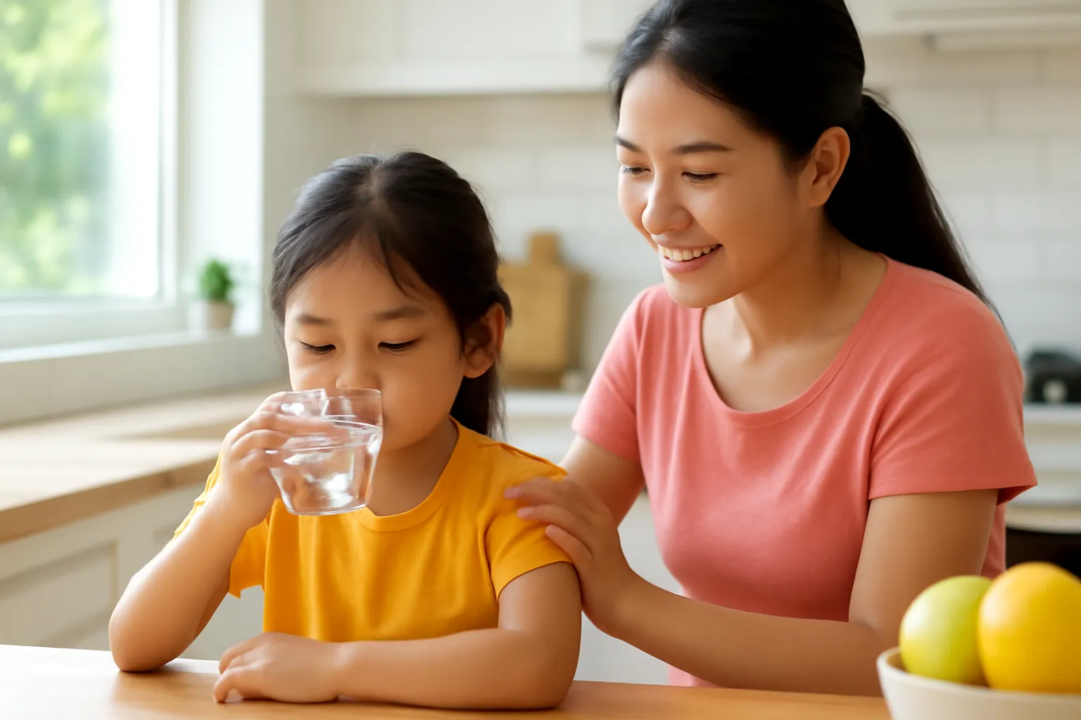 Bé gái uống từng ngụm nước nhỏ, mẹ xoa lưng bên bàn ăn