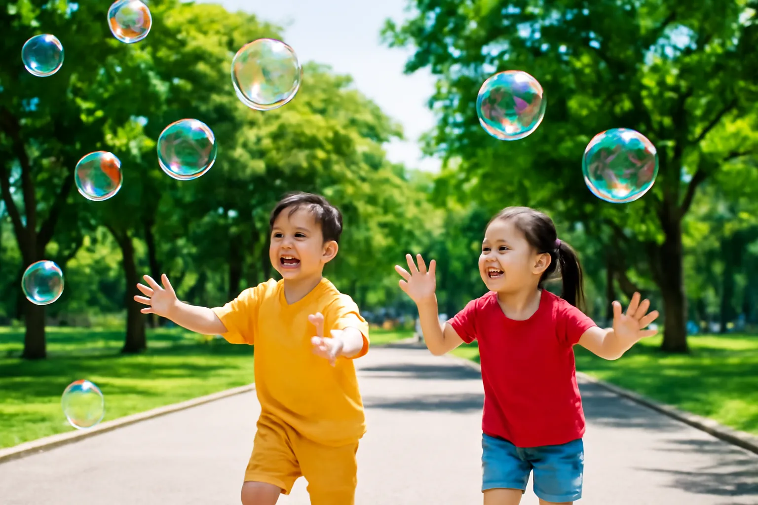Chùm bong bóng xà phòng óng ánh bay trong công viên, hai bé đuổi theo