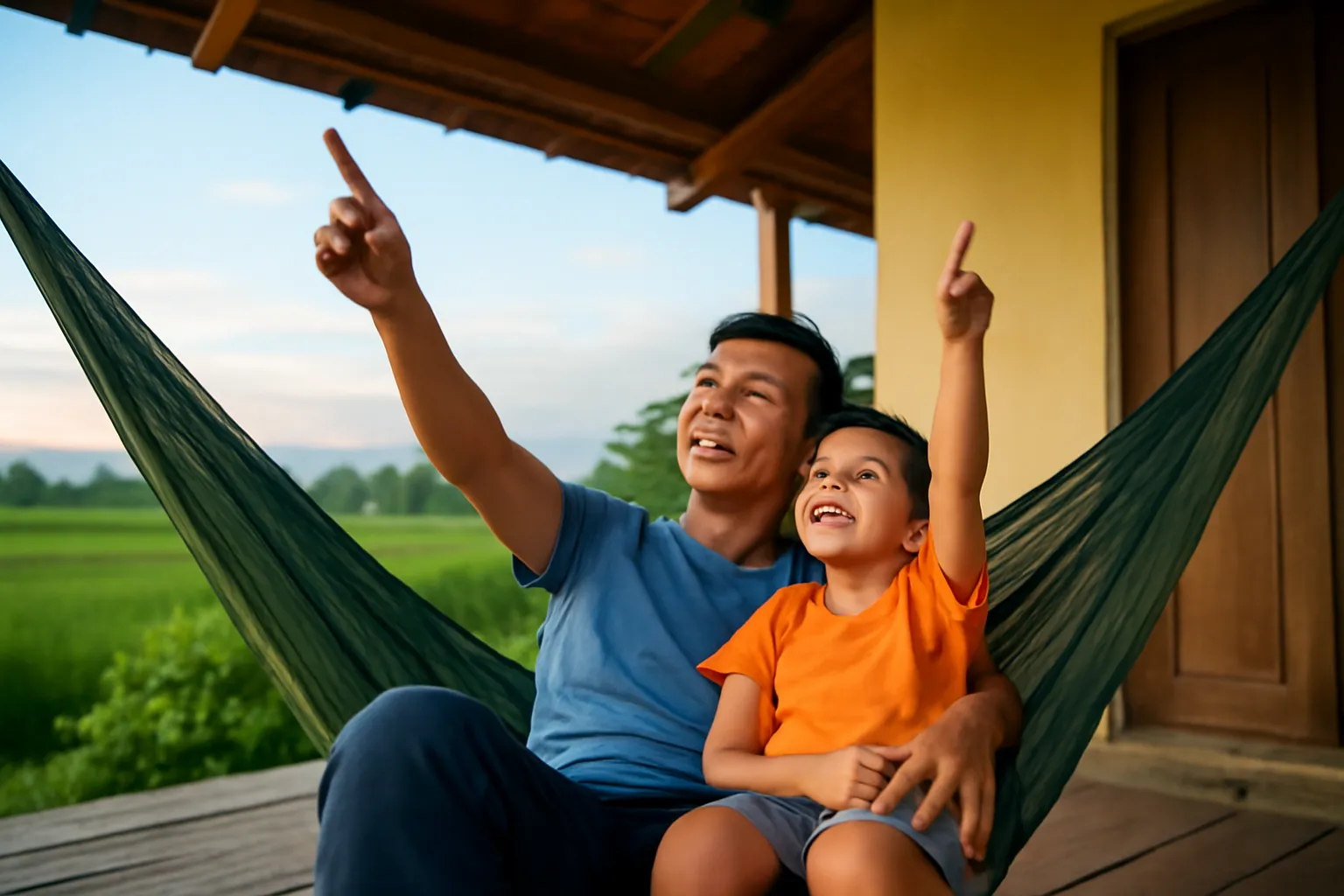 Bố và con trai nằm võng ở hiên nhà quê chỉ tay lên bầu trời chạng vạng