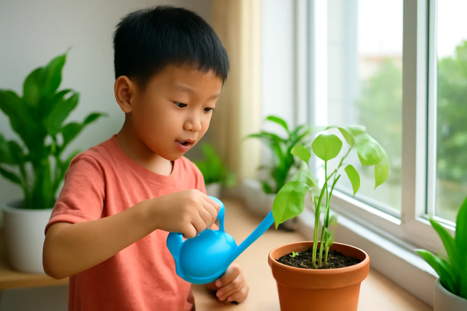 Chậu cây non nghiêng về phía cửa sổ, bé trai tưới bằng bình nhỏ