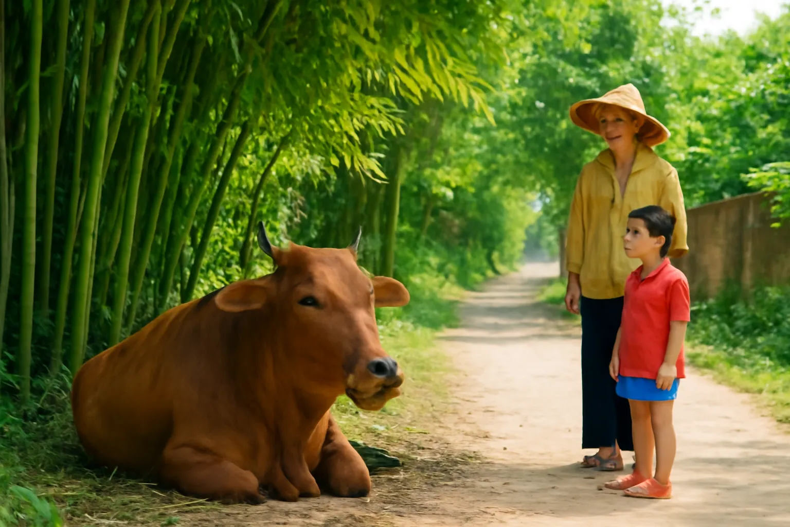 Con bò vàng nằm nhai dưới gốc tre, bé gái và bà đứng xa quan sát