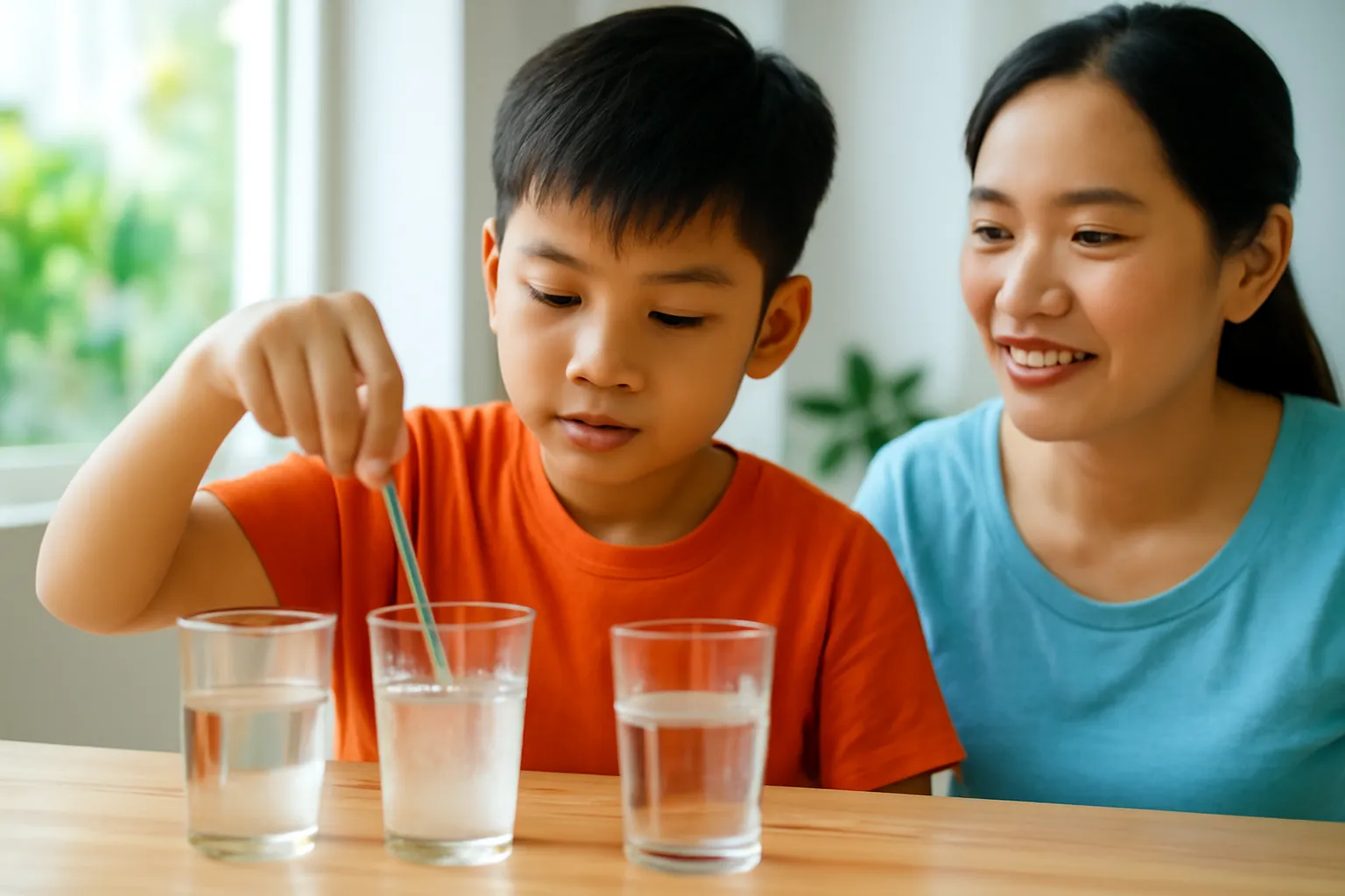 Bé trai khuấy thìa trong cốc nước trong suốt, đường đang xoáy tan