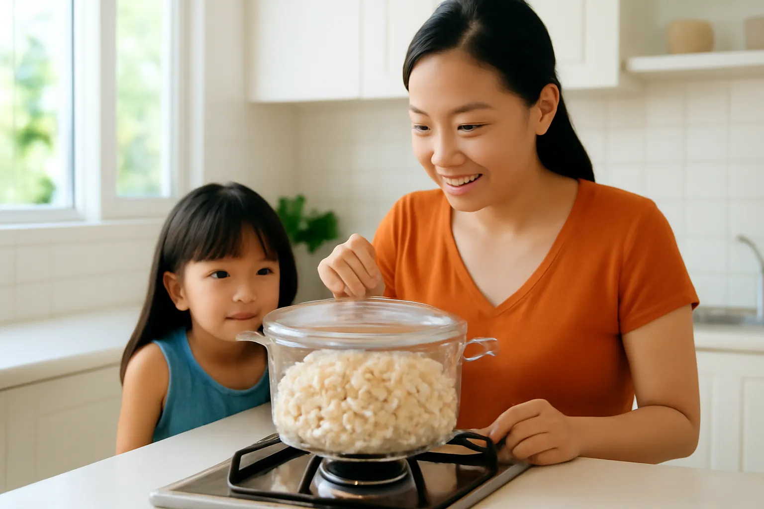 Nồi kính có nắp đầy bắp nổ trắng, bé đứng xa sau lưng mẹ nhìn
