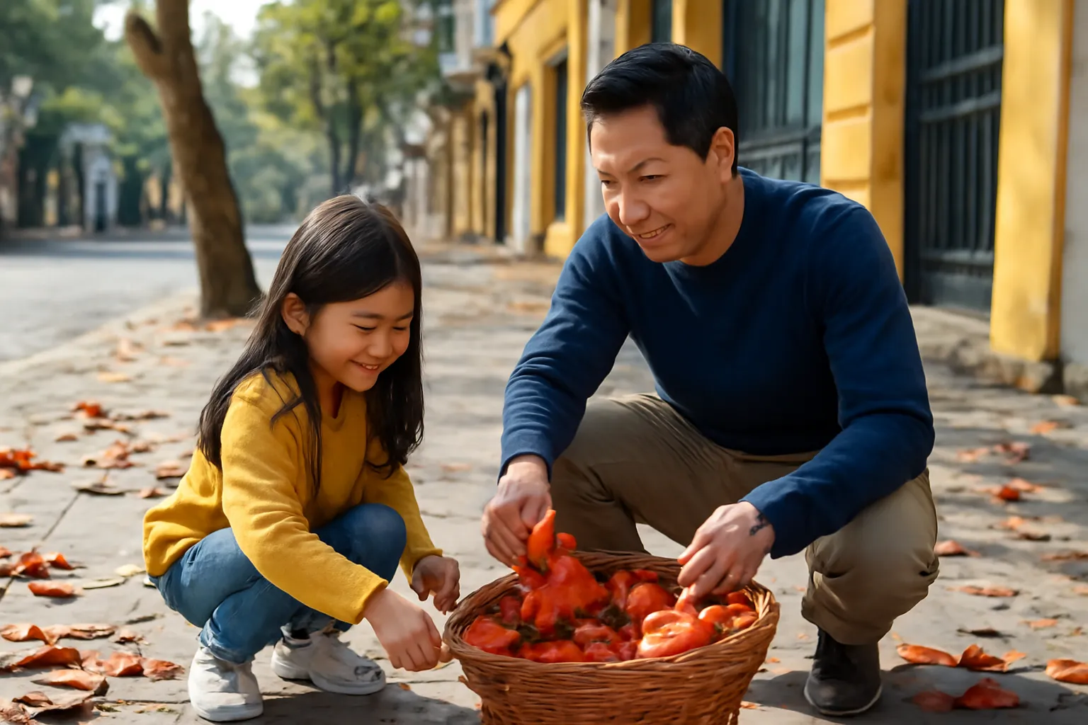 Hai cha con nhặt lá bàng đỏ trên vỉa hè phố cũ mùa đông