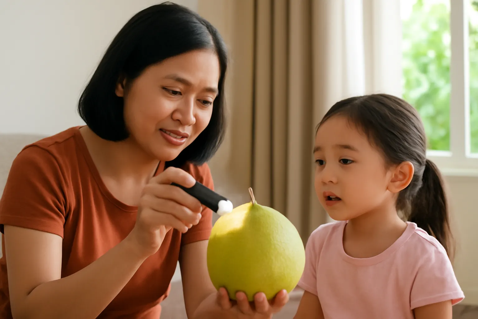 Mẹ cầm quả bưởi và đèn pin cho con gái xem trong phòng khách
