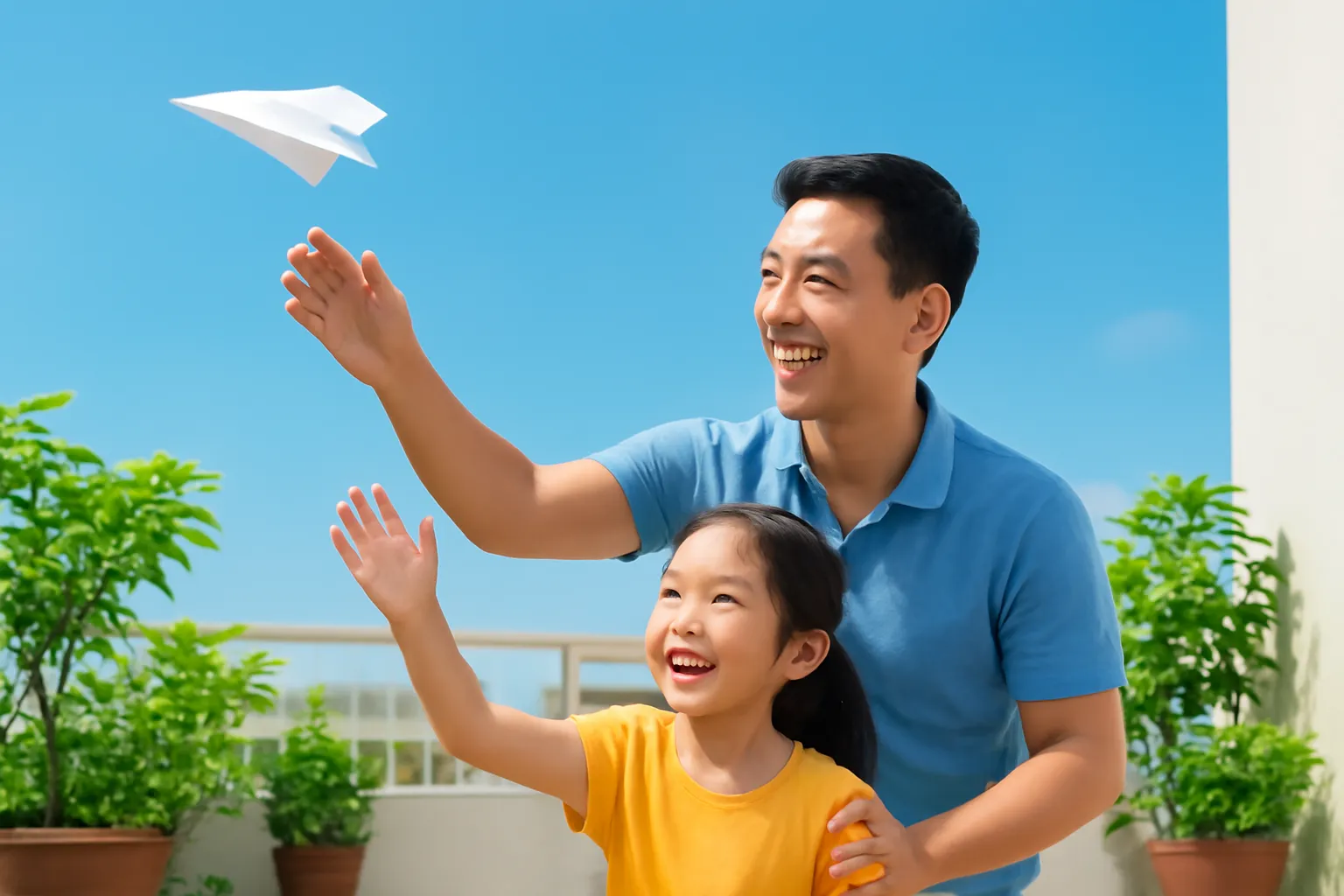Bố và con gái phóng máy bay giấy trên sân thượng, trời xanh
