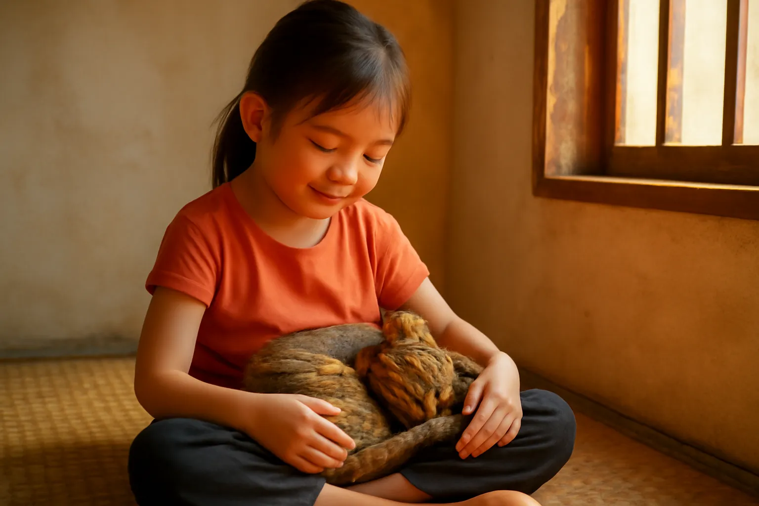 Mèo mướp cuộn tròn trong lòng bé gái ngồi trên chiếu