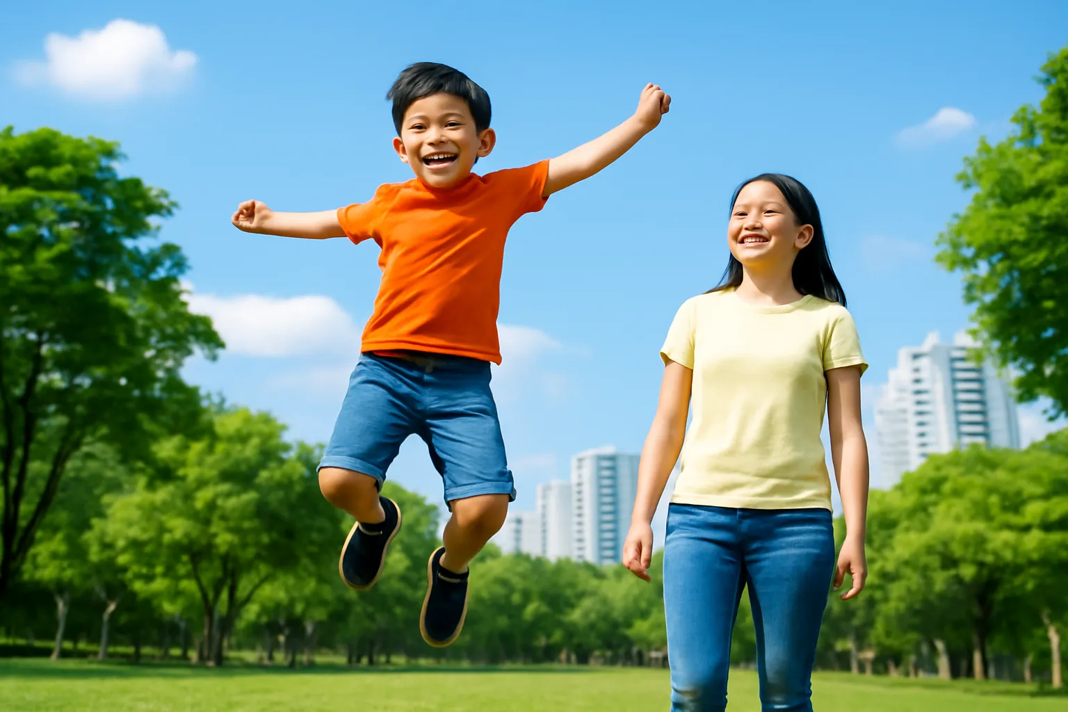 Bé trai nhảy lên khỏi bãi cỏ công viên, mẹ đứng cạnh cười