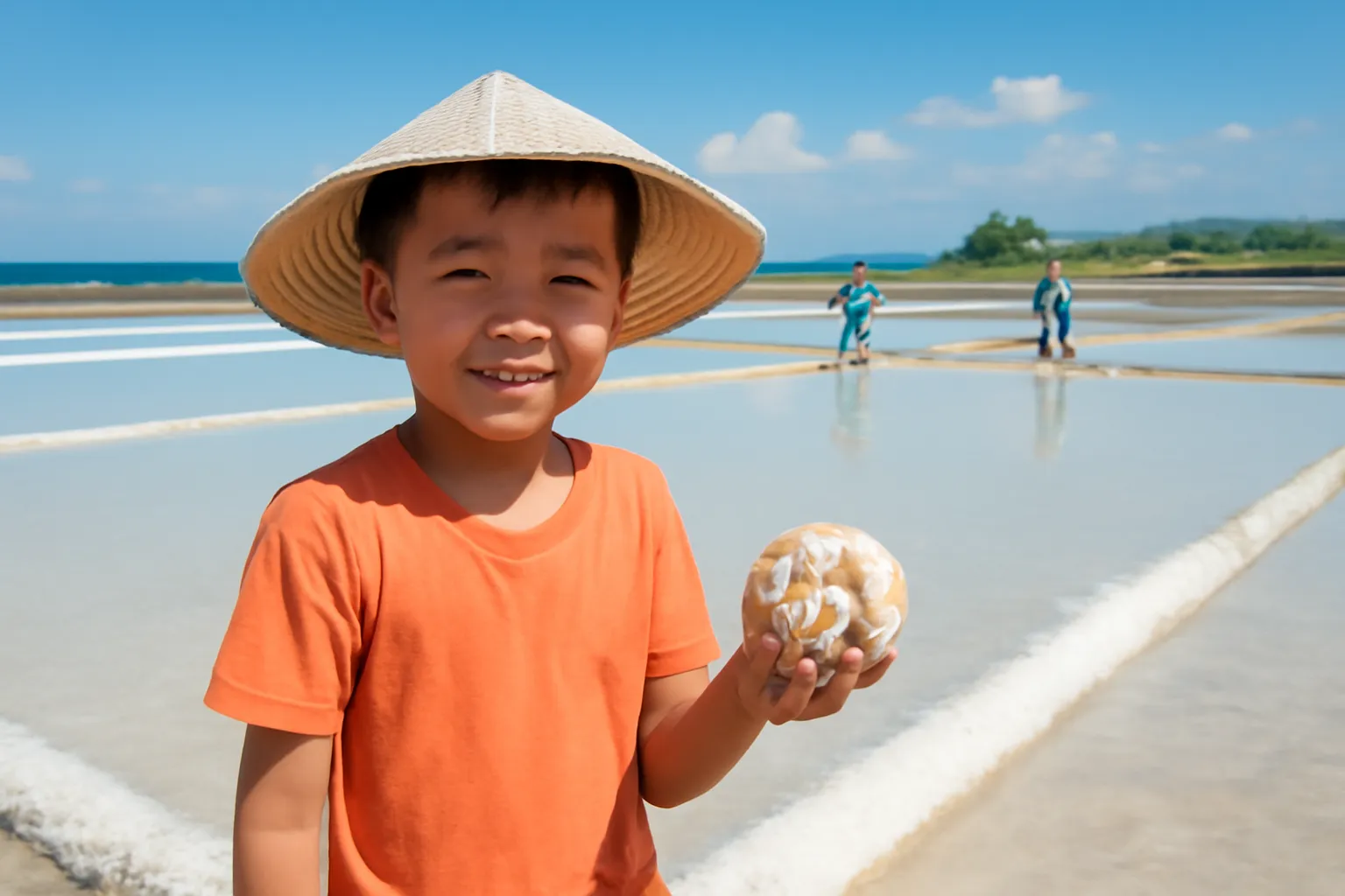 Cậu bé cầm vỏ sò đứng bên ruộng muối trắng ven biển miền Trung