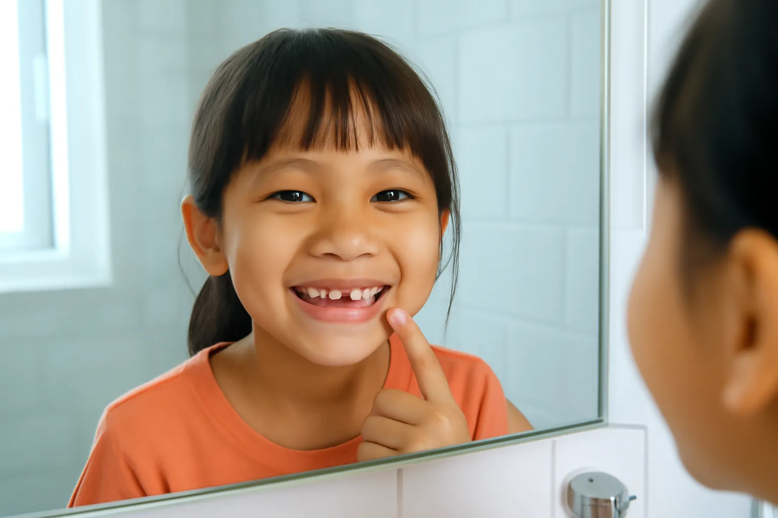 Bé gái sáu tuổi cười khoe chỗ răng cửa vừa rụng trước gương