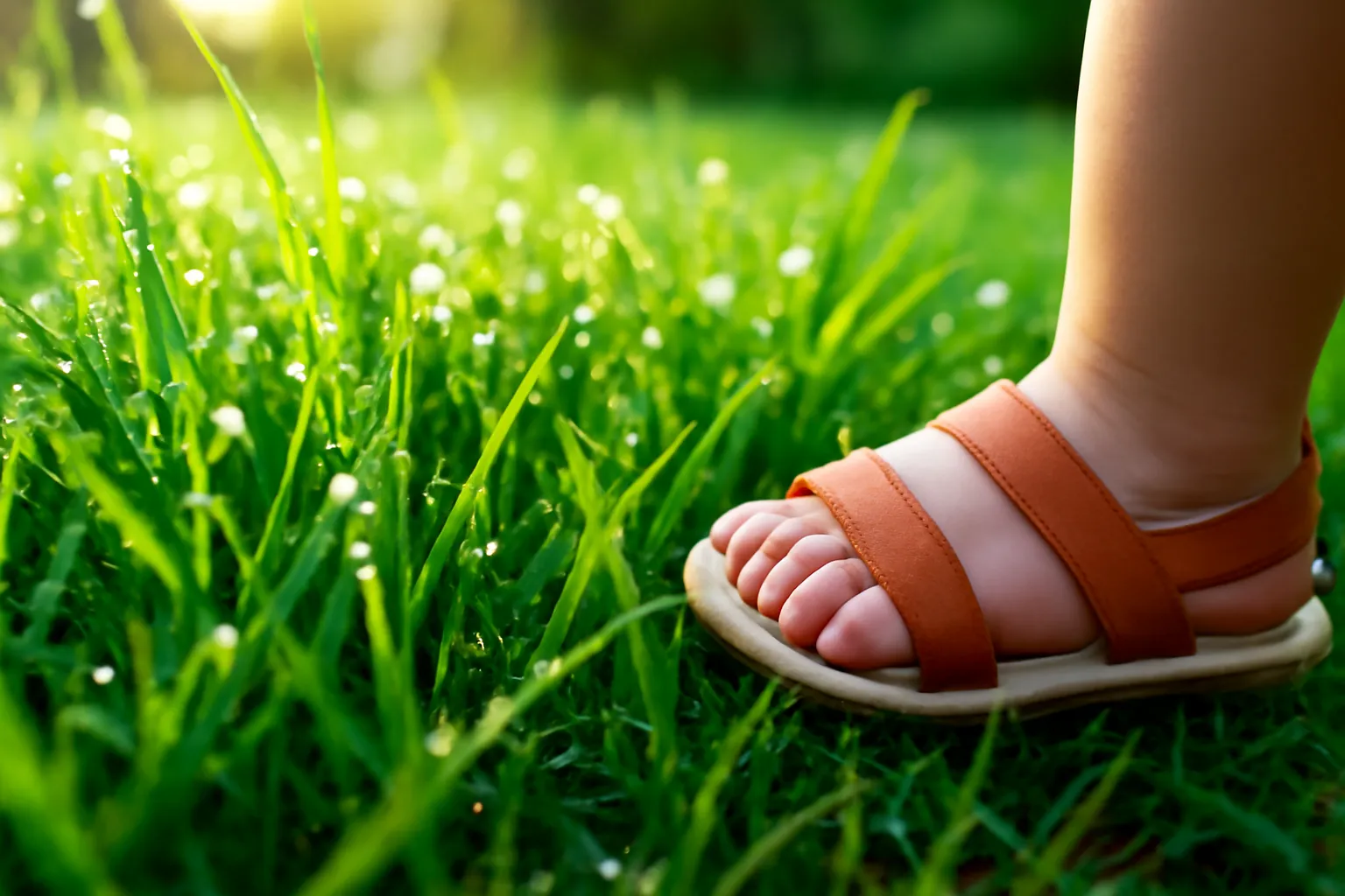 Giọt sương long lanh trên lá cỏ vườn nhà, bàn chân trẻ đi dép