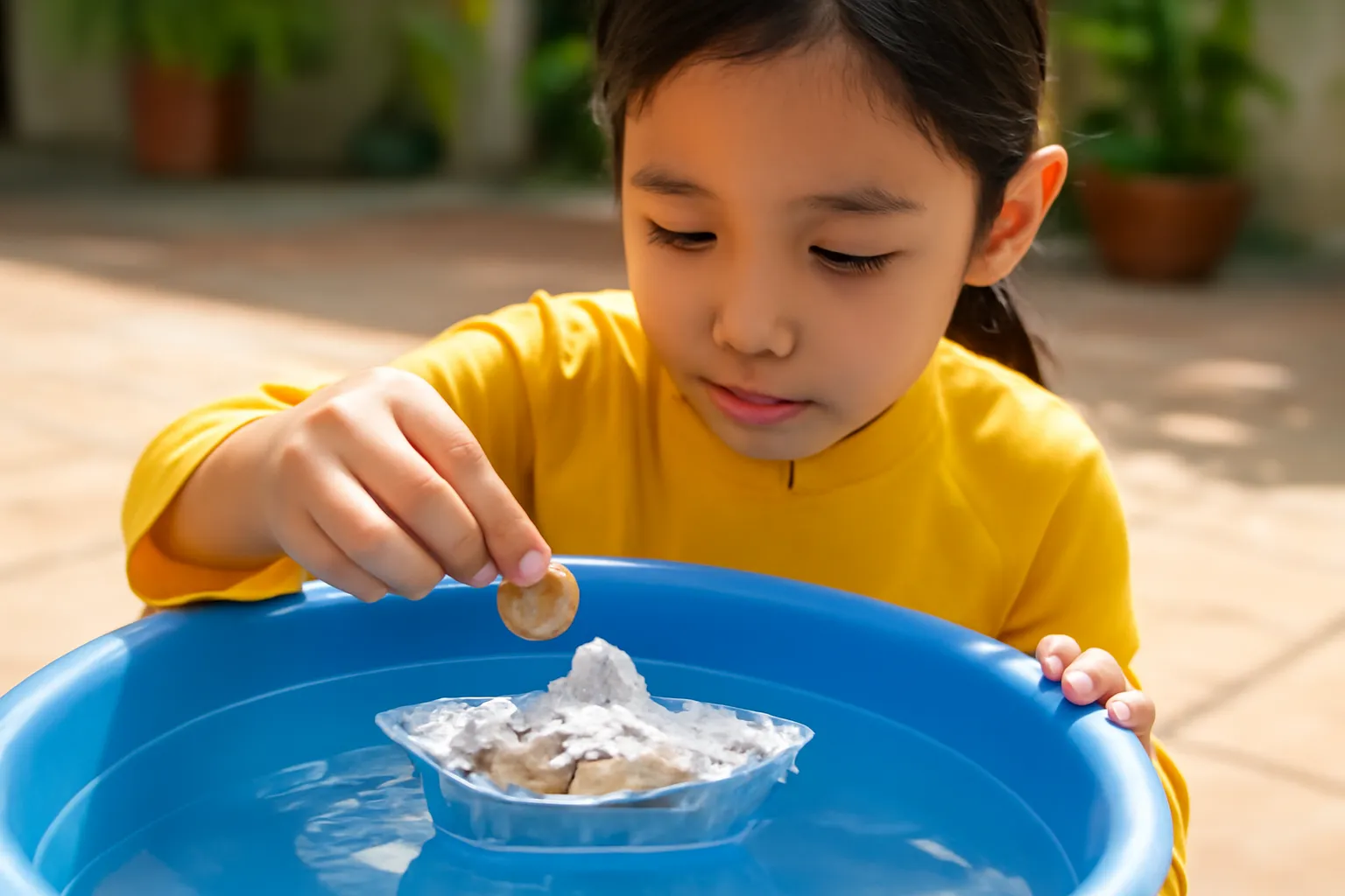 Thuyền giấy bạc nổi trong chậu nước chở vài đồng xu, bé đếm