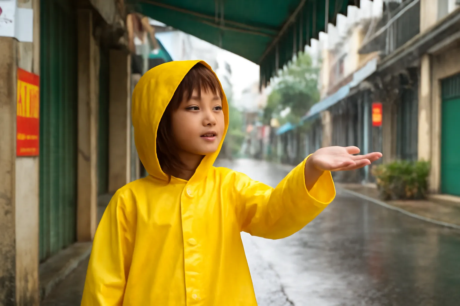 Bé gái mặc áo mưa vàng đứng mái hiên đưa tay hứng nước mưa