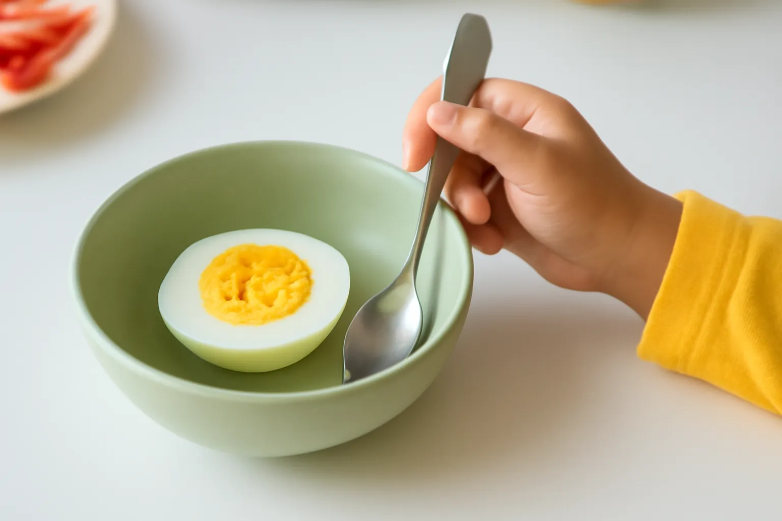 Quả trứng luộc bóc vỏ cắt đôi lòng đỏ vàng trong bát xanh, tay trẻ cầm thìa