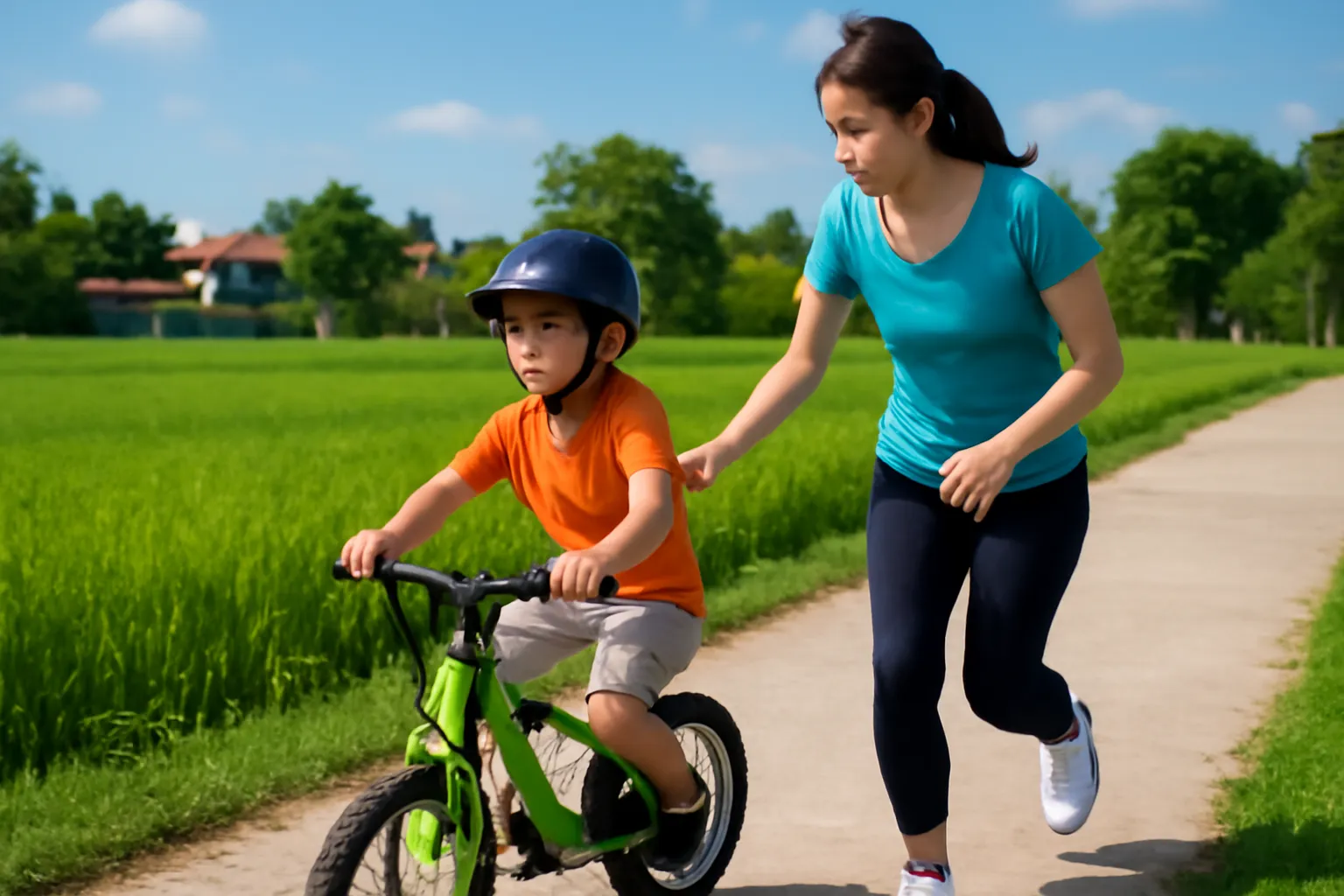 Bé trai đội mũ bảo hiểm tập xe đạp trên đường làng, mẹ chạy theo