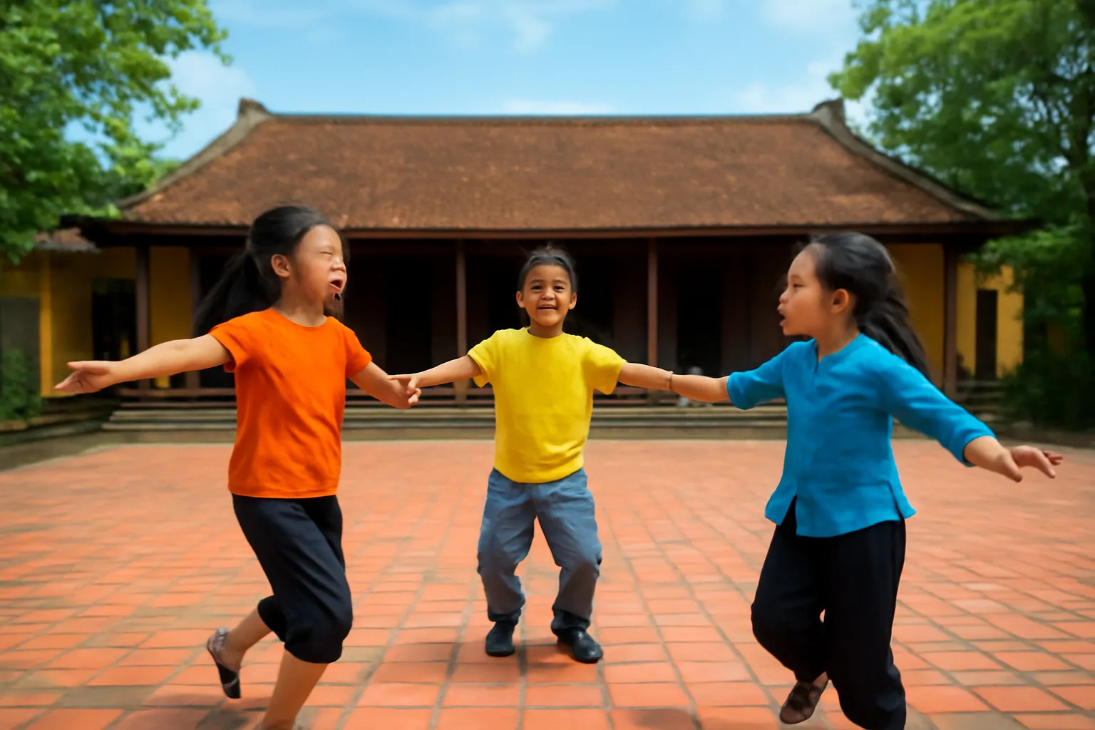 Ba đứa trẻ dang tay xoay vòng trên sân gạch đỏ của đình làng